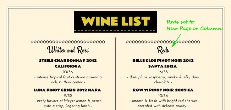 2 column wine list menu