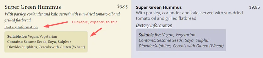 Dietary info on a web menu