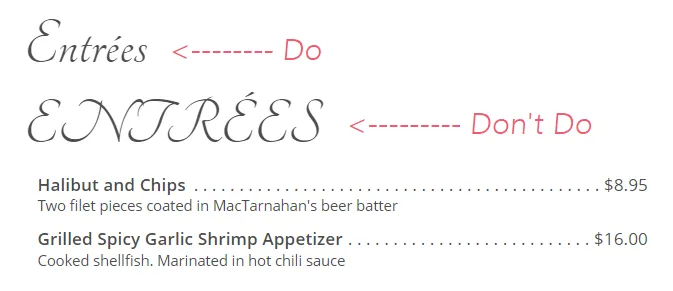 Headline fonts on menu