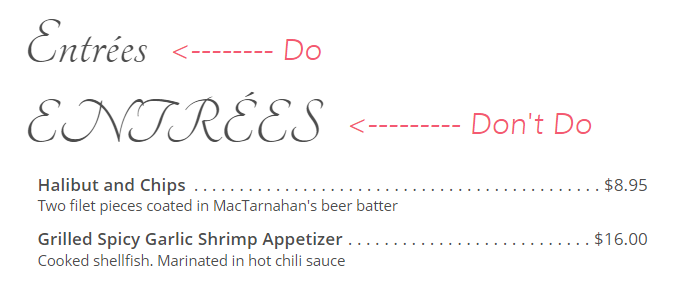 Headline fonts on menu