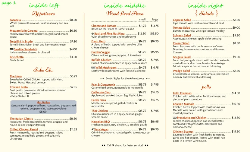 Example of a trifold carryout menu, inner, page 1