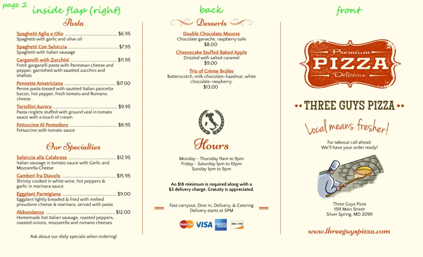 Example of a trifold carryout menu, outer, page 2