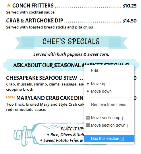 Menu section before boxed