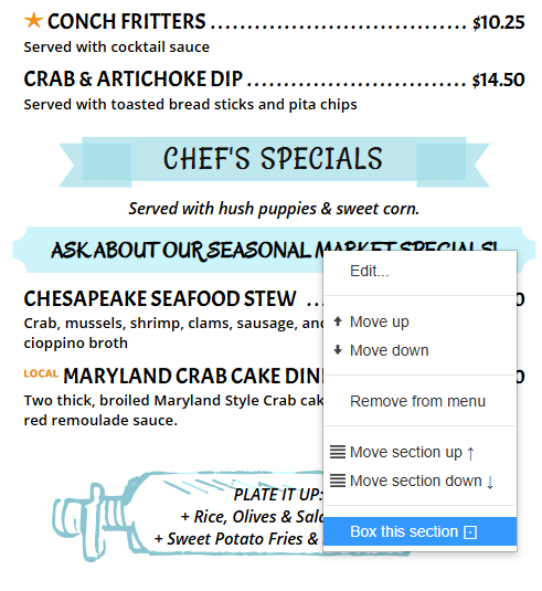 Menu section before boxed