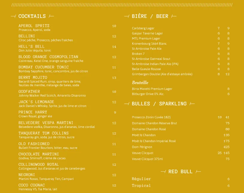 Cocktails and beer menu