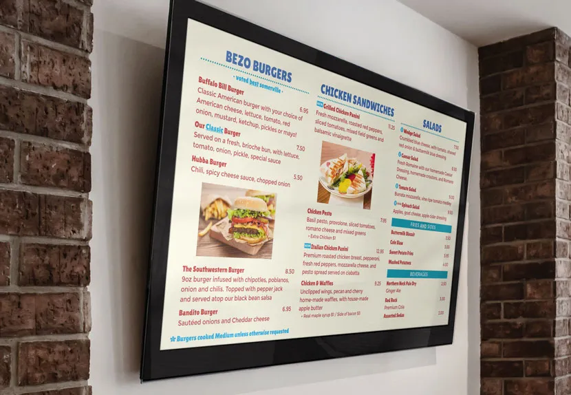 Digital menu board in restaurant