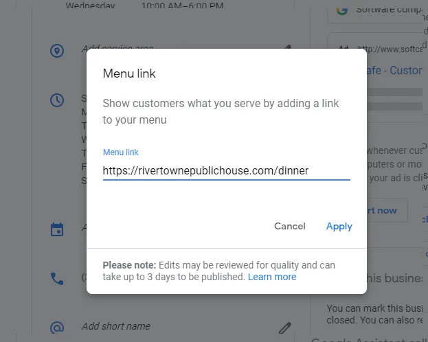 Google My Business Menu URL