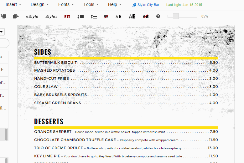 Menu food columns animation
