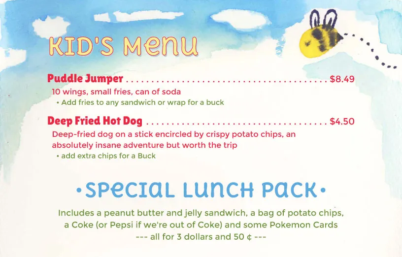 Kids Menu using The Buzzy Bee menu style