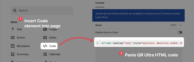 QR embed code on Squarespace