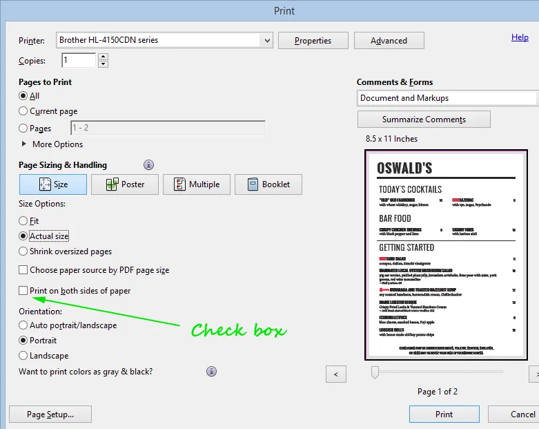 Two-sided printer settings